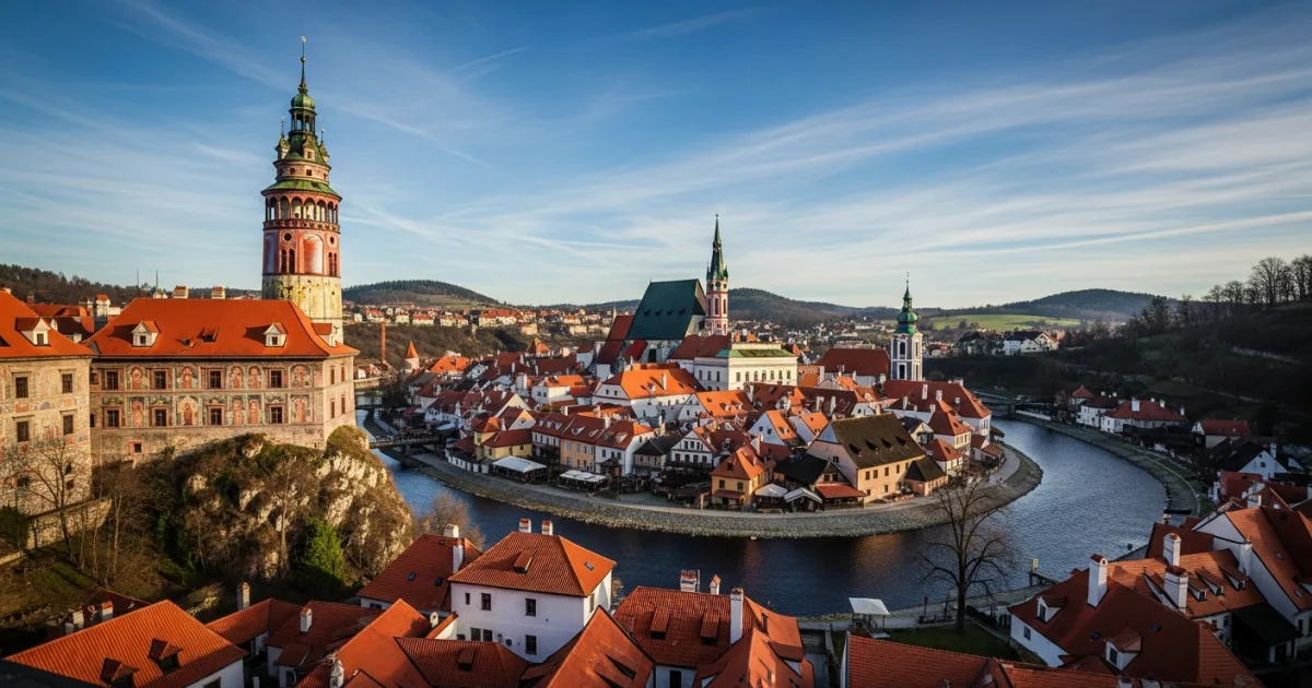 Panoramic view of Český Krumlov showing the Vltava River and historic architecture