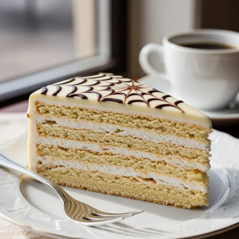 A slice of traditional Esterházy Torte with its signature chocolate web pattern on a porcelain plate