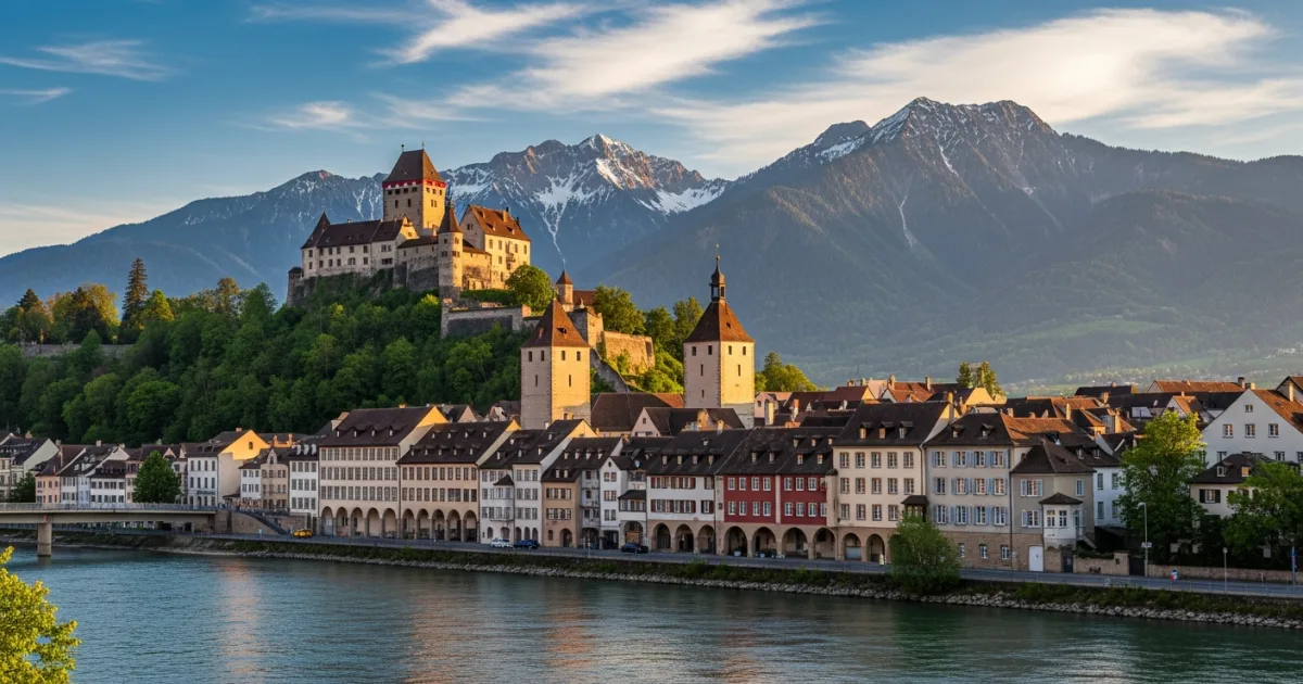 Panoramic view of Feldkirch featuring Schattenburg Castle and the historic Old Town against an alpine backdrop