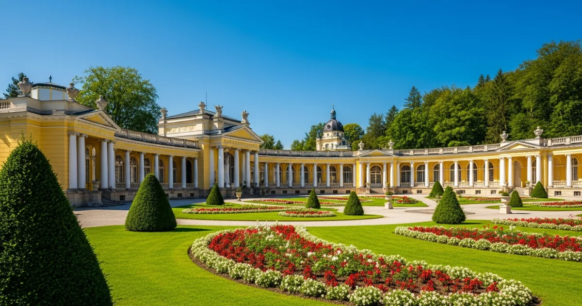 Neoclassical colonnade and lush parks in Františkovy Lázně