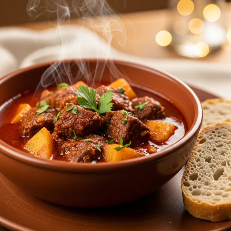 A traditional bowl of Romanian-Hungarian beef goulash