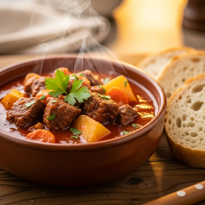A bowl of traditional Goulash stew with crusty bread