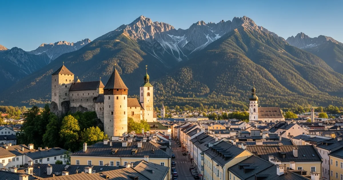 Panoramic view of Hall in Tirol with the Mint Tower and Karwendel mountains