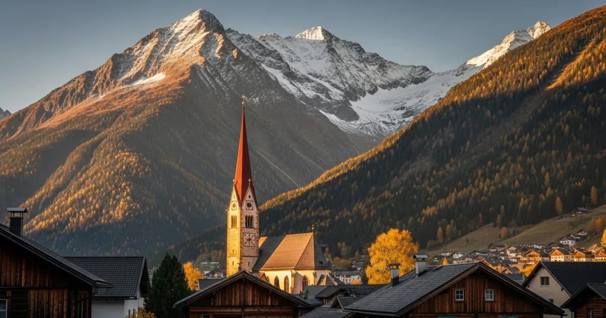 Panoramic view of Heiligenblut village with the St. Vincent Church and Grossglockner mountain in the background