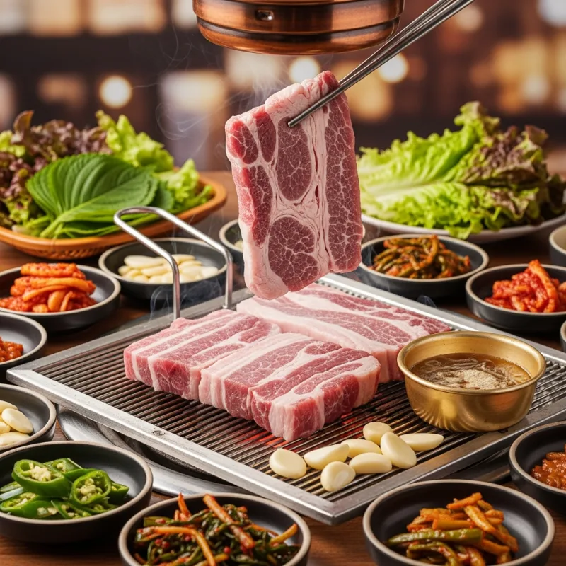 Sizzling Jeju Black Pork on a charcoal grill with side dishes