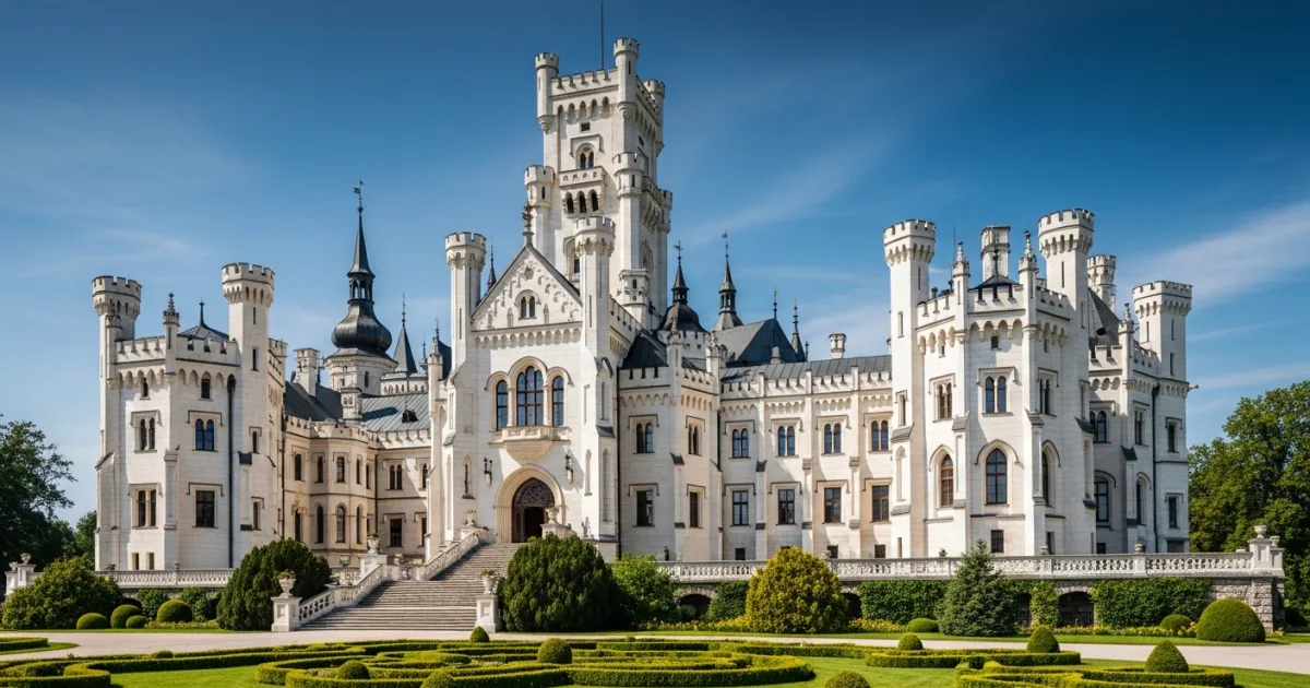 Wide angle view of the neo-Gothic Hluboká Castle and its gardens