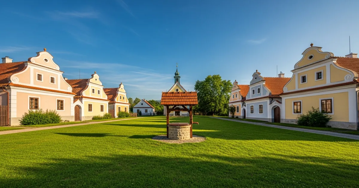 Panoramic view of the historic village green and Folk Baroque farmsteads in Holasovice