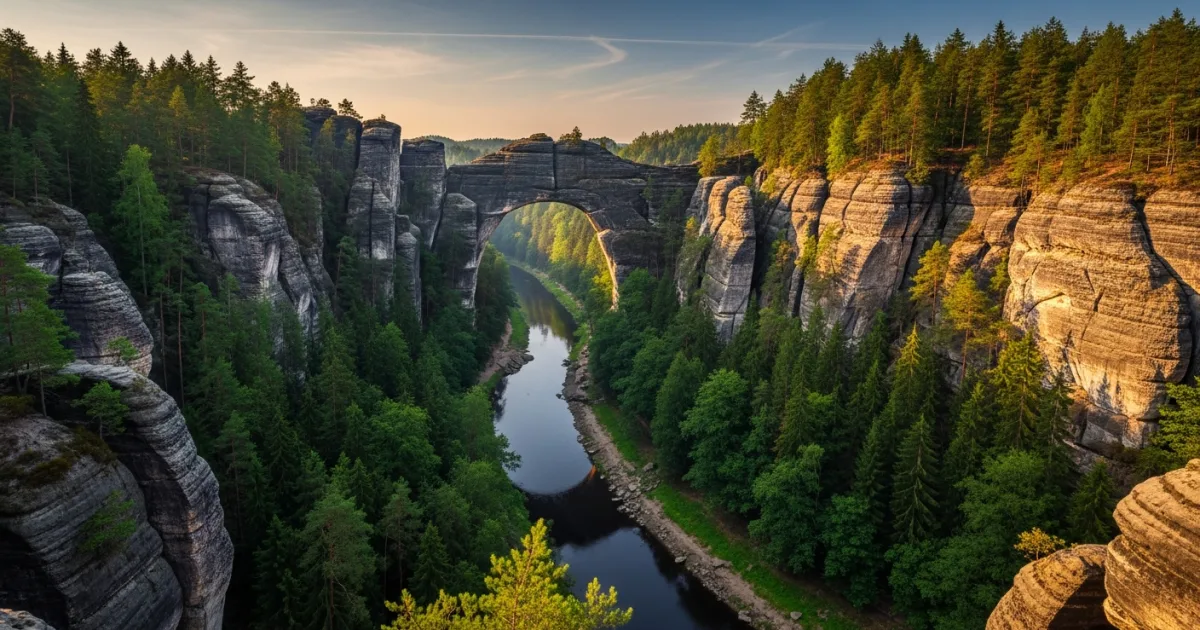 Panoramic view of the Pravcicka brana sandstone arch and lush forests in Hrensko, Bohemian Switzerland