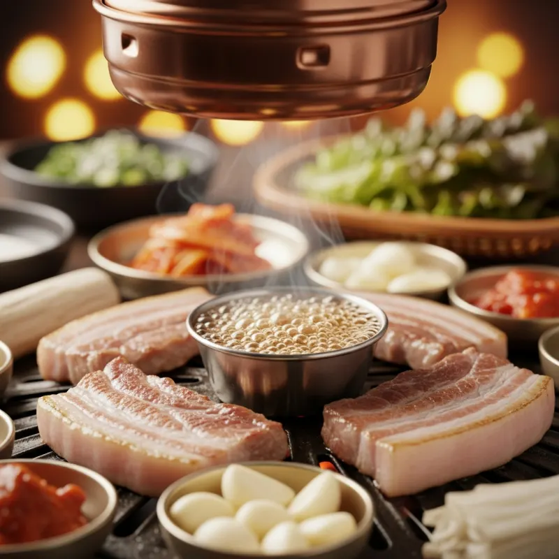Jeju Black Pork BBQ grilling on a charcoal stove