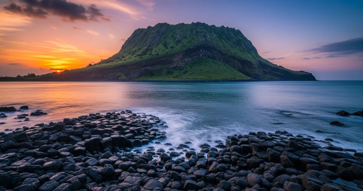 Seongsan Ilchulbong volcanic crater at sunrise on Jeju Island