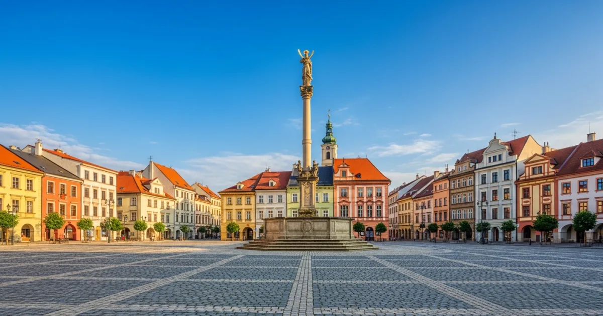 Panoramic view of Masaryk Square in Jihlava with historic townhouses