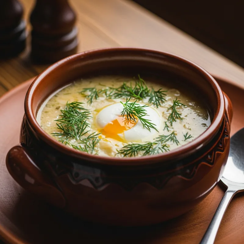 A bowl of traditional South Bohemian Kulajda soup with a poached egg and dill