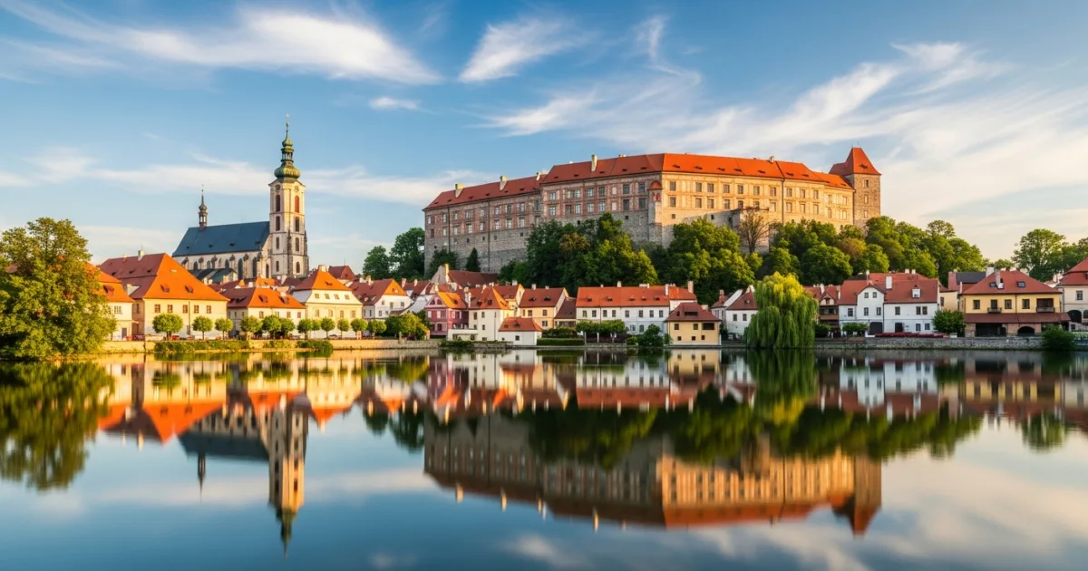 Panoramic view of Jindrichuv Hradec castle and Vajgar pond at golden hour