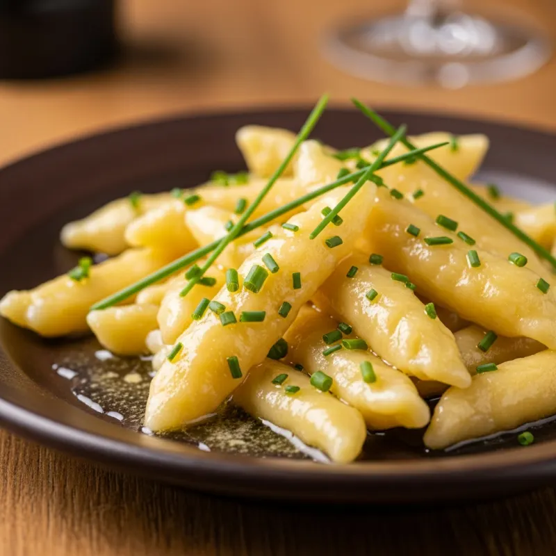 A plate of traditional Kärntner Kasnudeln topped with melted brown butter and chives.