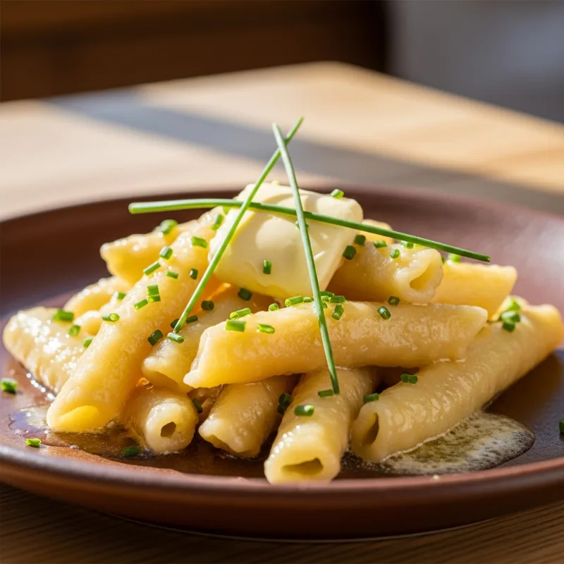 A plate of traditional Kärntner Kasnudeln drizzled with butter and chives