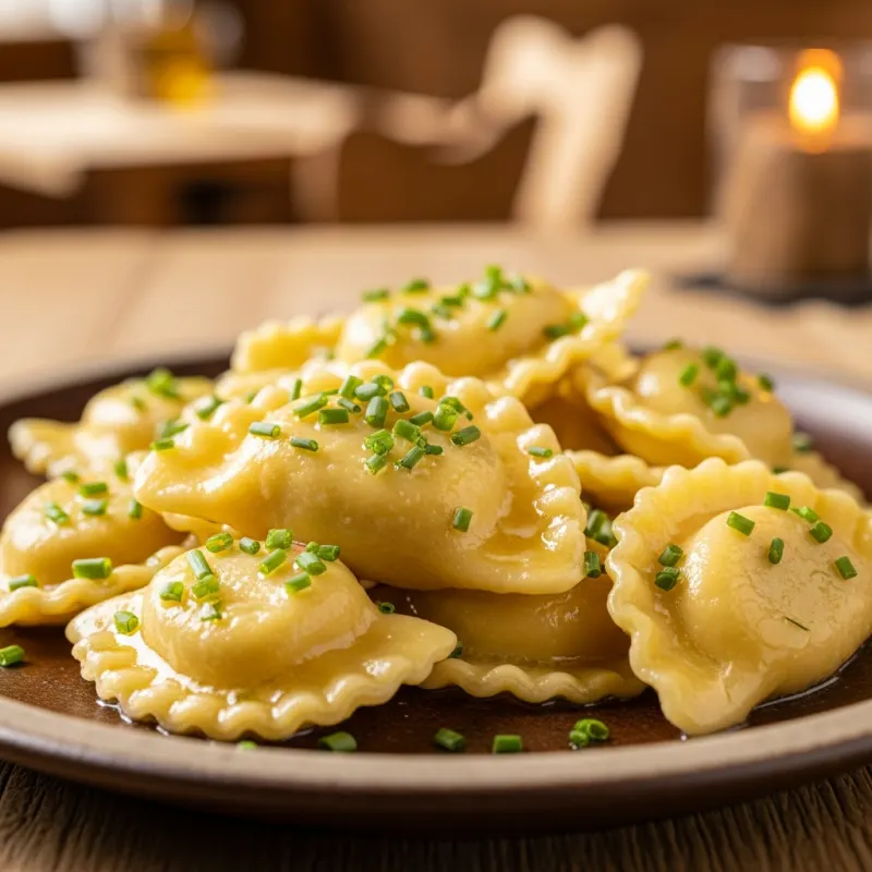 A plate of traditional Kärntner Kasnudeln topped with chives and brown butter
