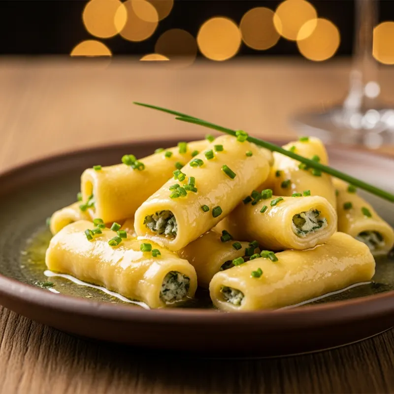 A plate of traditional Kärntner Kasnudeln topped with melted butter and chives
