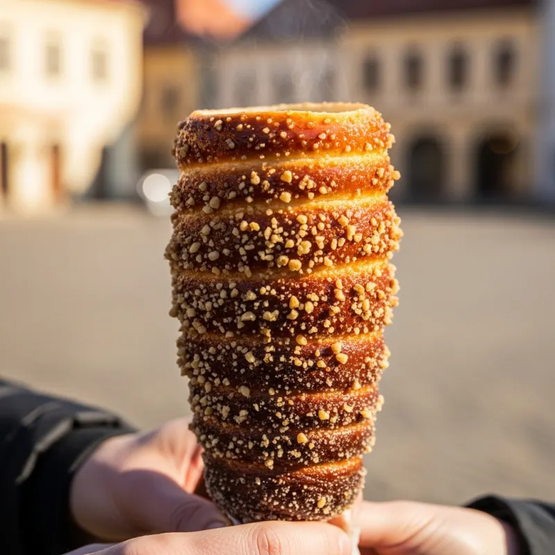 Freshly baked Kürtőskalács chimney cake in Targu Mures