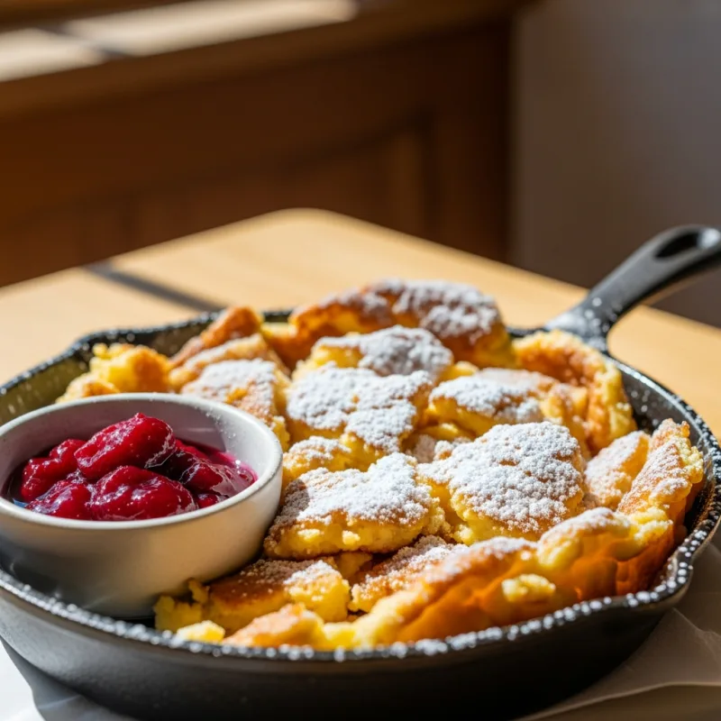 A cast-iron skillet filled with Kaiserschmarrn, a shredded Austrian pancake, served with plum compote.