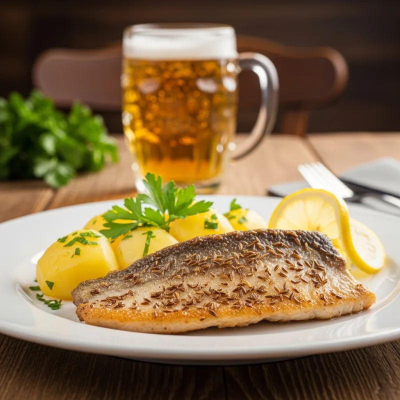 Pan-fried carp with cumin and boiled potatoes