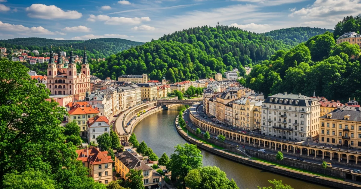 Panoramic view of Karlovy Vary's historic architecture and the Teplá River