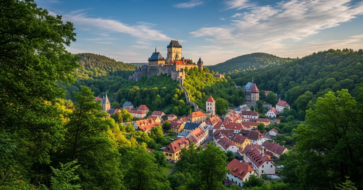 Wide-angle view of Karlstejn Castle and the surrounding village in the Czech Republic
