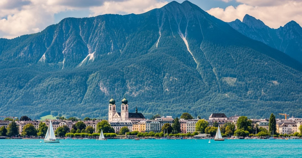 Scenic view of Lake Wörthersee and the Klagenfurt city skyline against the Karawanks mountains