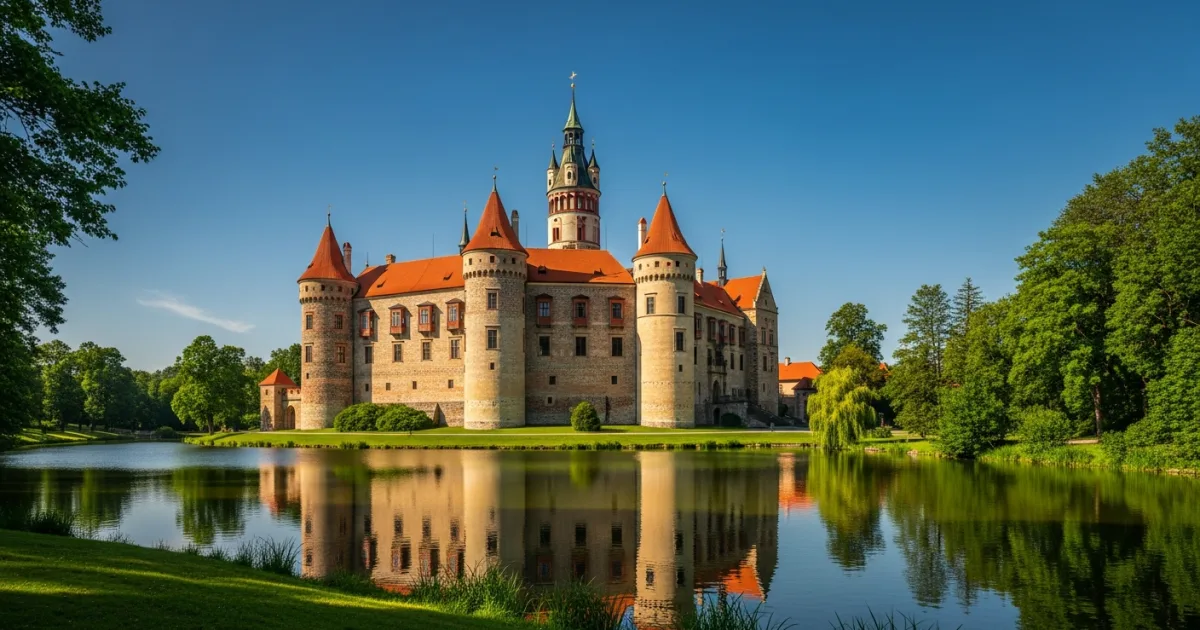 Wide view of Konopiste Castle surrounded by lush green parkland and a serene lake
