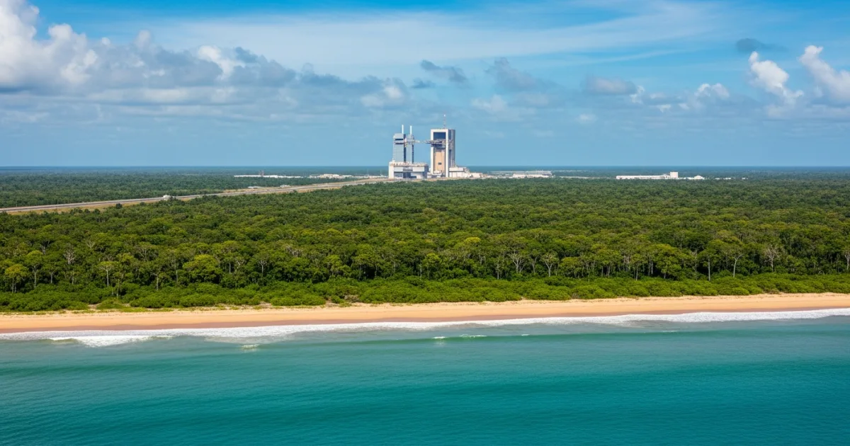 Guiana Space Centre launch pad surrounded by Amazon rainforest in Kourou