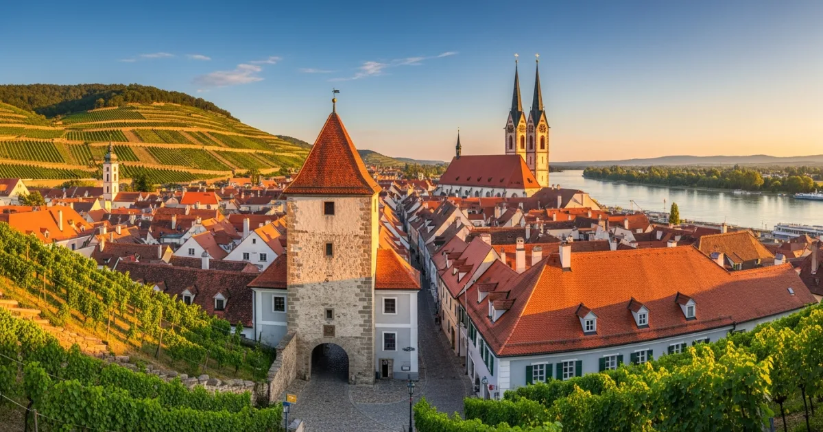 Panoramic view of Krems an der Donau featuring the Steiner Tor, historic rooftops, and terraced vineyards along the Danube River.