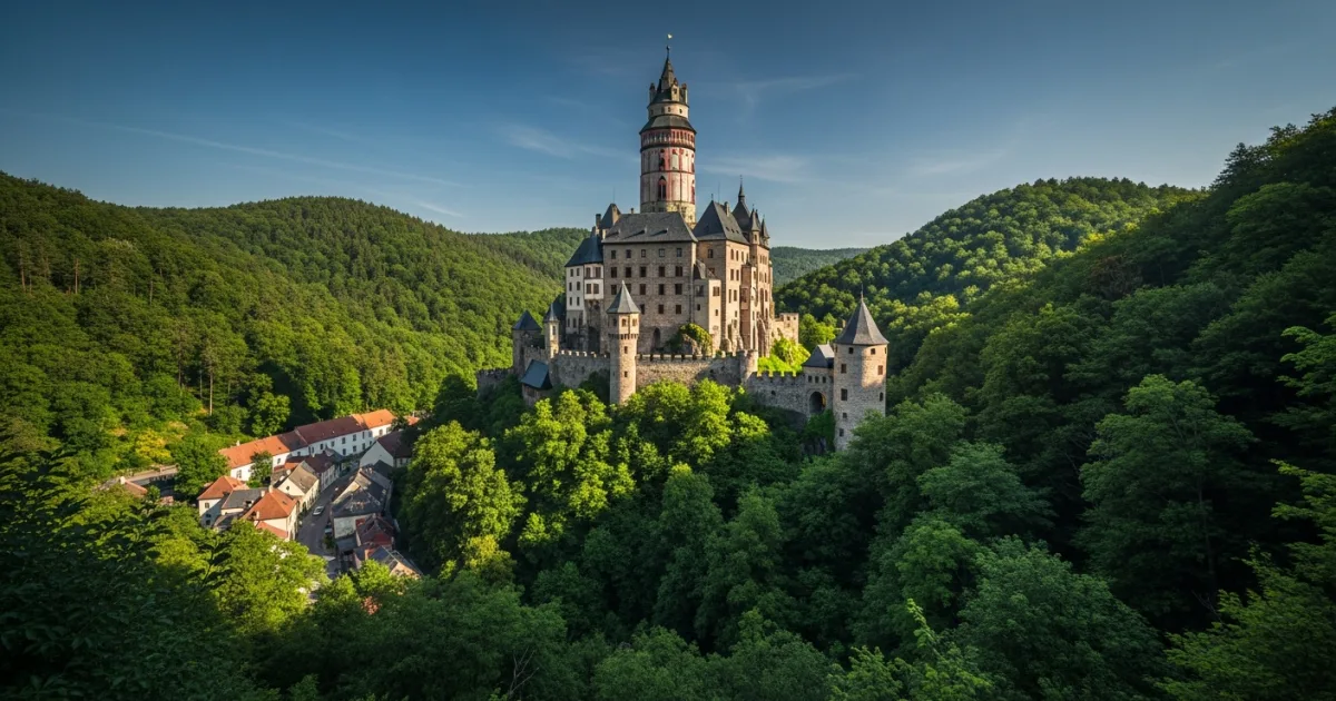 Panoramic view of Krivoklat Castle surrounded by dense forests in Central Bohemia