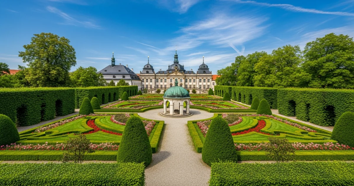 Panoramic view of the Archbishop's Palace and Flower Garden in Kromeriz
