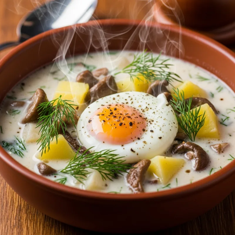 A bowl of traditional Czech Kulajda soup with mushrooms and a poached egg