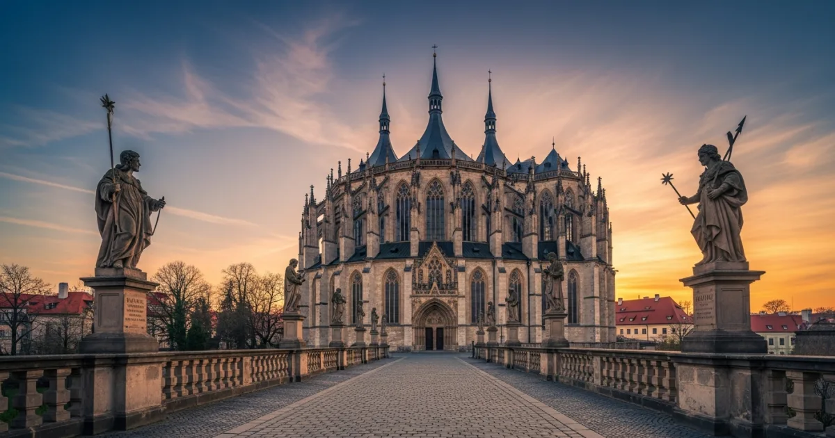 Wide-angle view of St. Barbara's Church and historic statues in Kutná Hora at sunset