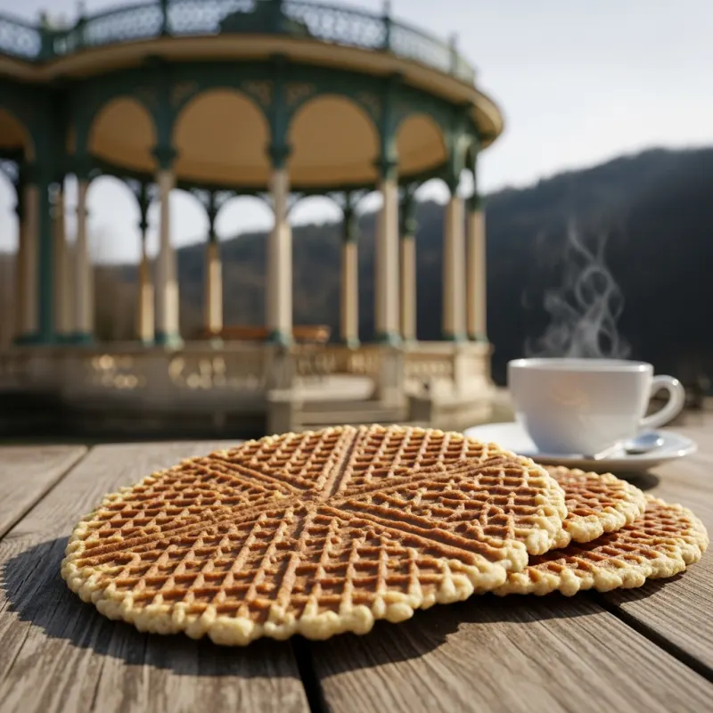 Traditional Czech spa wafers on a wooden table with a colonnade in the background