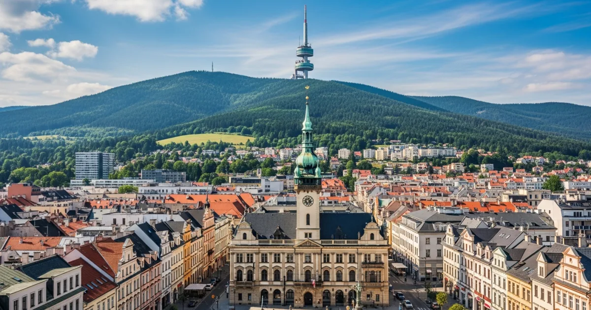 Panoramic view of Liberec featuring the historic Town Hall and the Ještěd Tower in the background