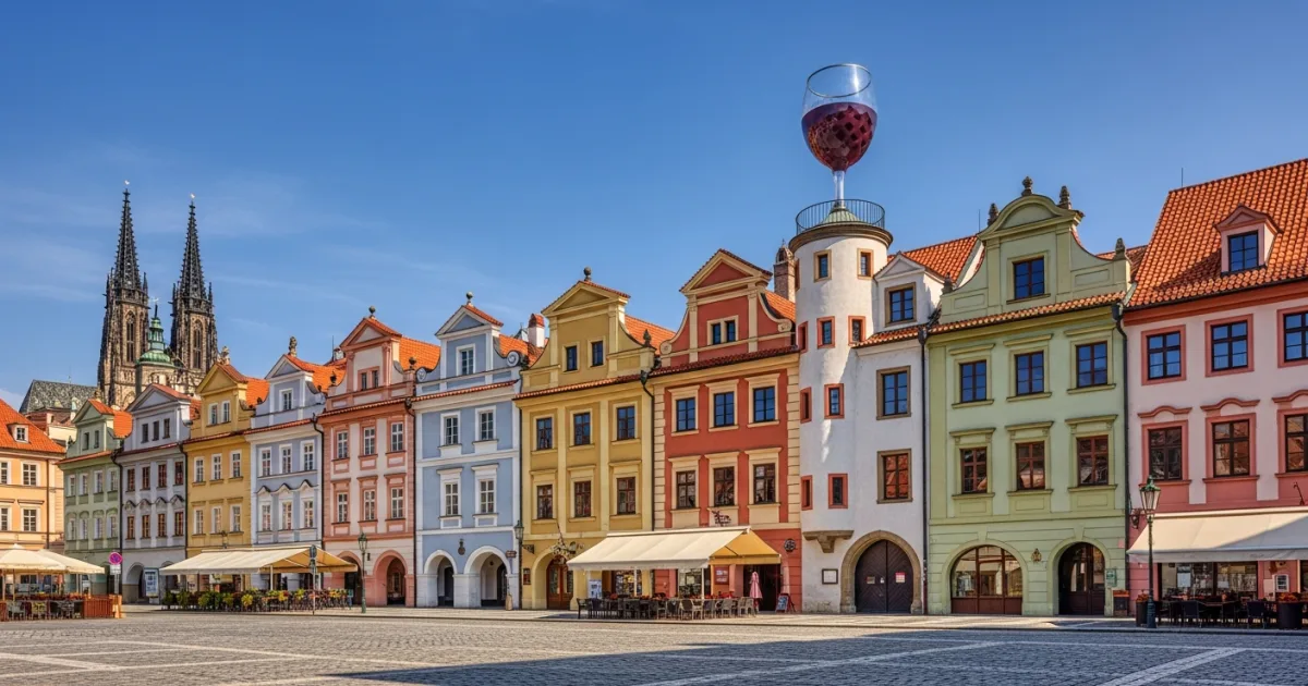 Panoramic view of the historic Peace Square in Litomerice featuring colorful architecture