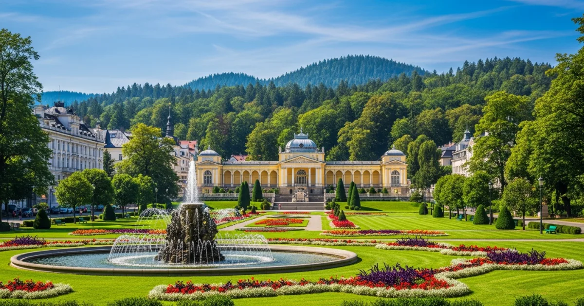 Panoramic view of the Maxim Gorky Colonnade and Singing Fountain in Marianske Lazne
