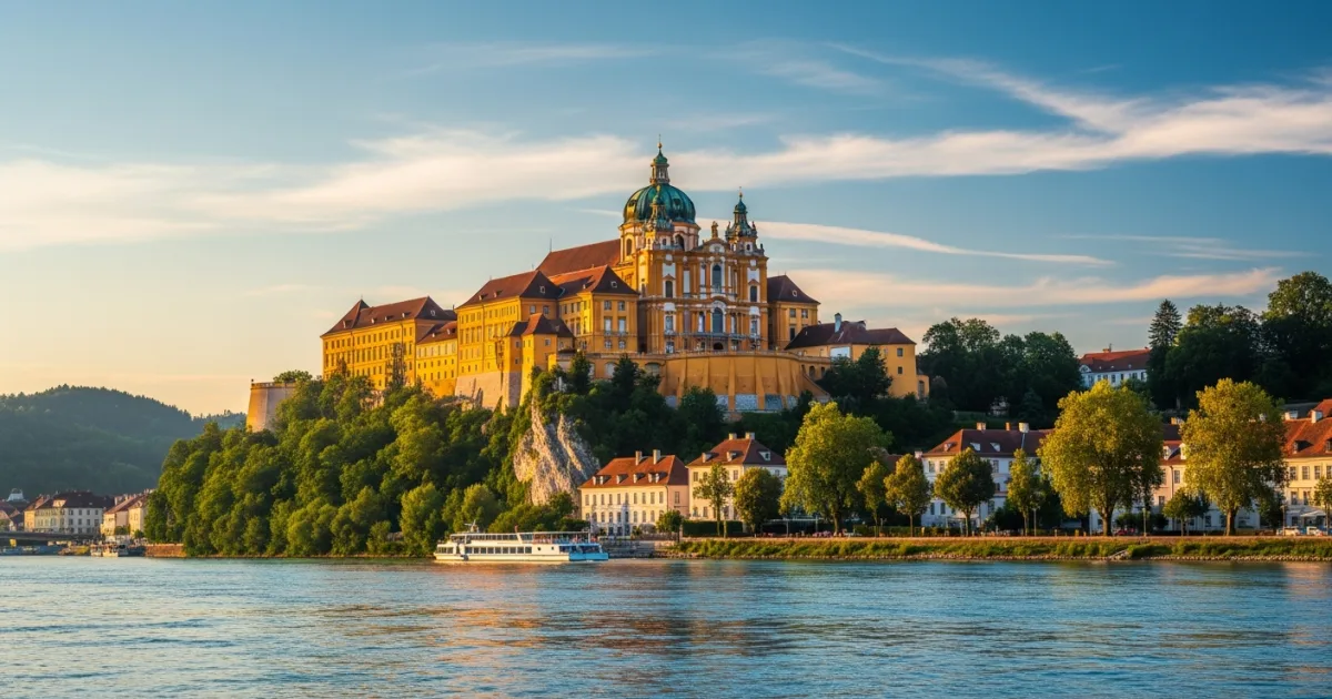 Panoramic view of the Baroque Melk Abbey overlooking the Danube River in Austria