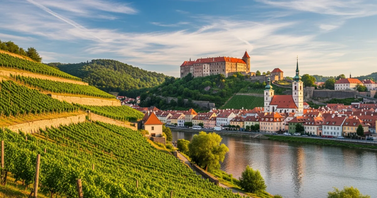 Panoramic view of Mělník Castle, vineyards, and the confluence of the Vltava and Elbe rivers