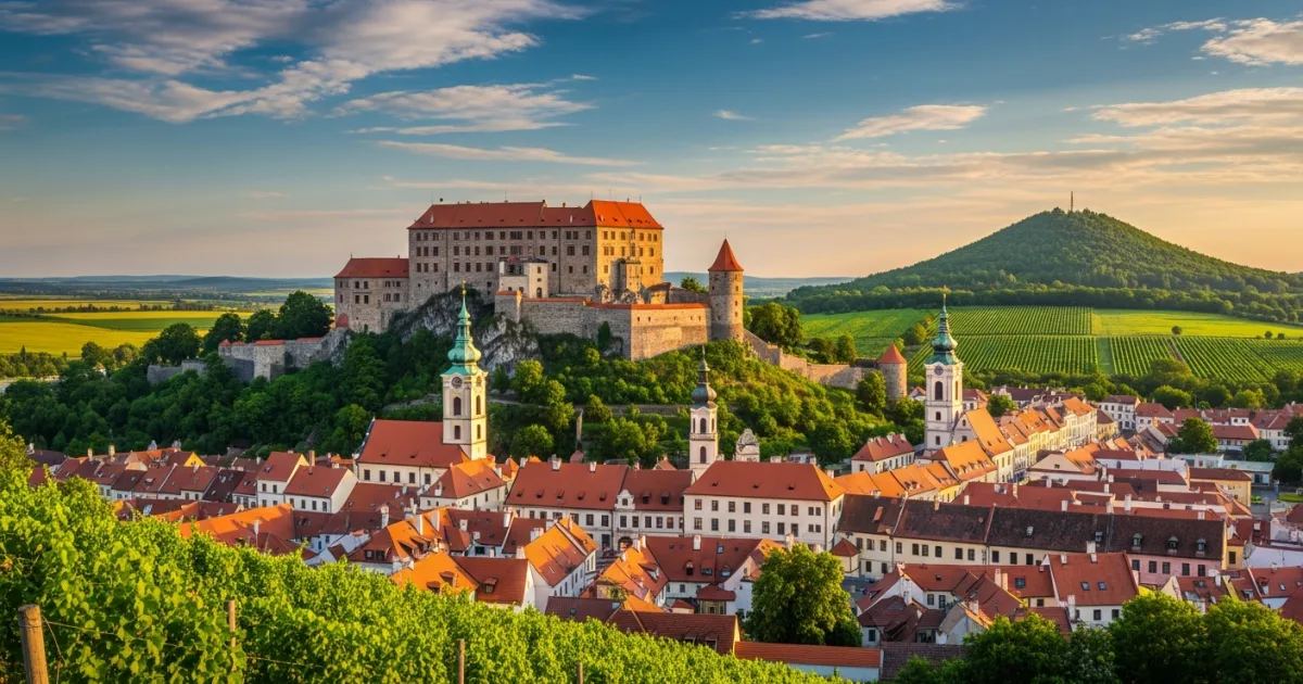 Panoramic view of Mikulov Castle and the town surrounded by vineyards at golden hour
