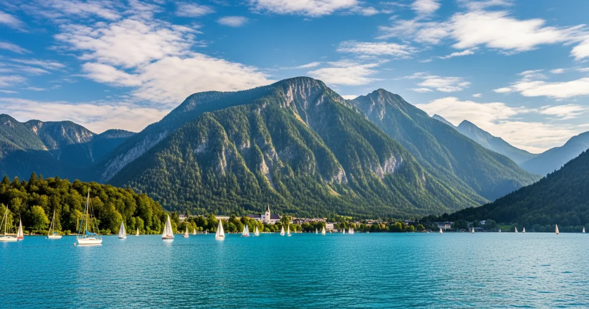 Panoramic view of Lake Mondsee and the Drachenwand mountain in Upper Austria