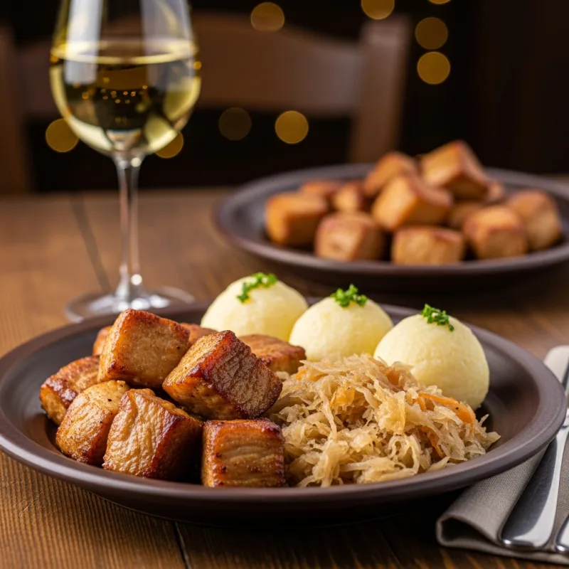 Moravský vrabec traditional Czech roasted pork with cabbage and dumplings