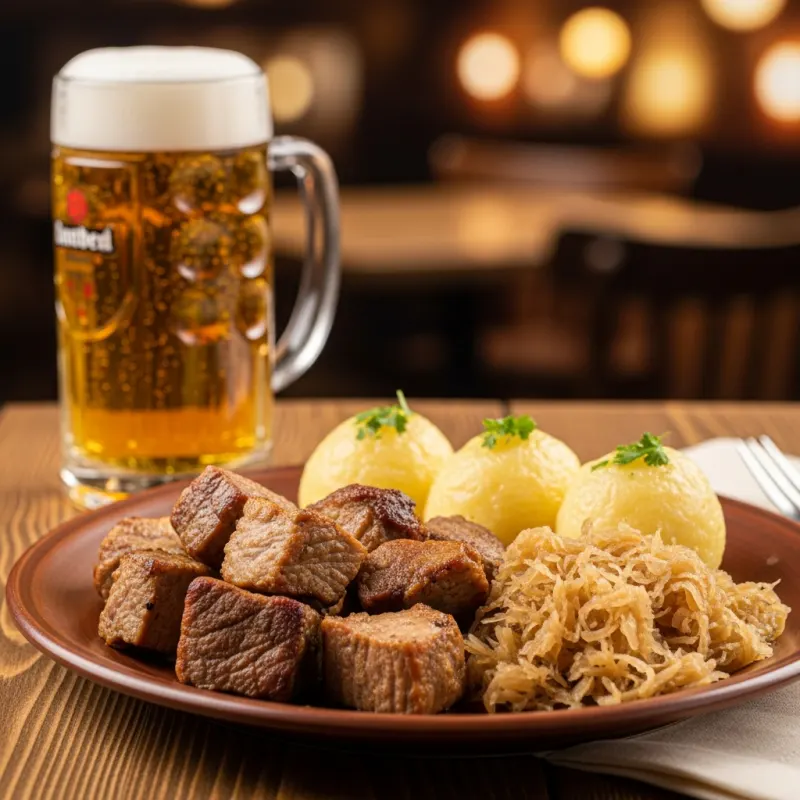 Traditional Moravský vrabec with roasted pork, potato dumplings, and sauerkraut