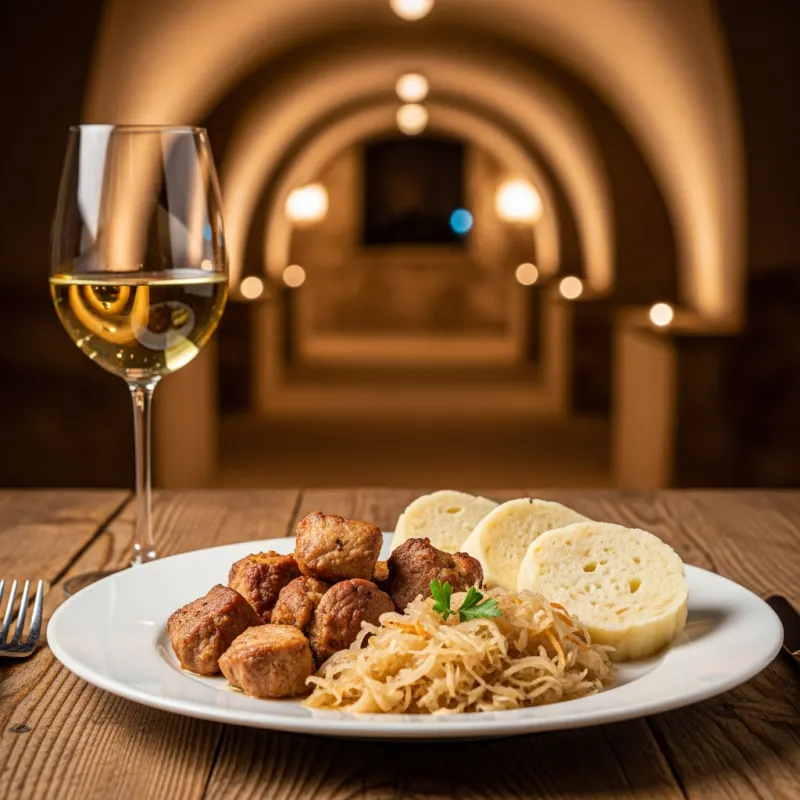 A plate of Moravský vrabec with dumplings and cabbage next to a glass of white wine