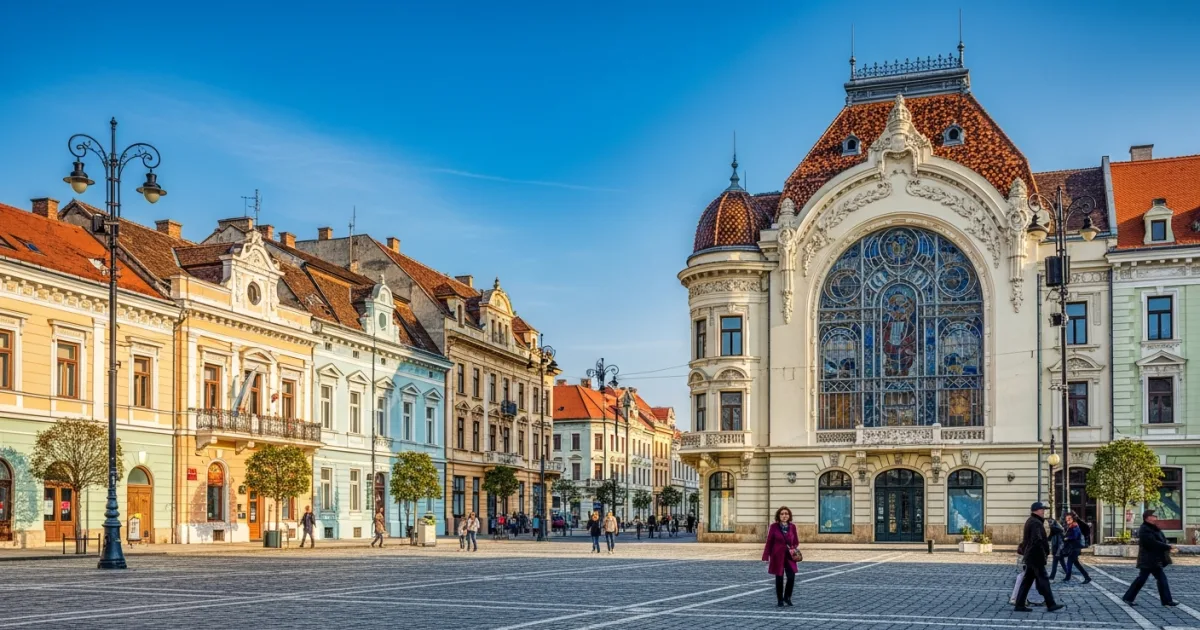 Unirii Square and the Black Eagle Palace in Oradea