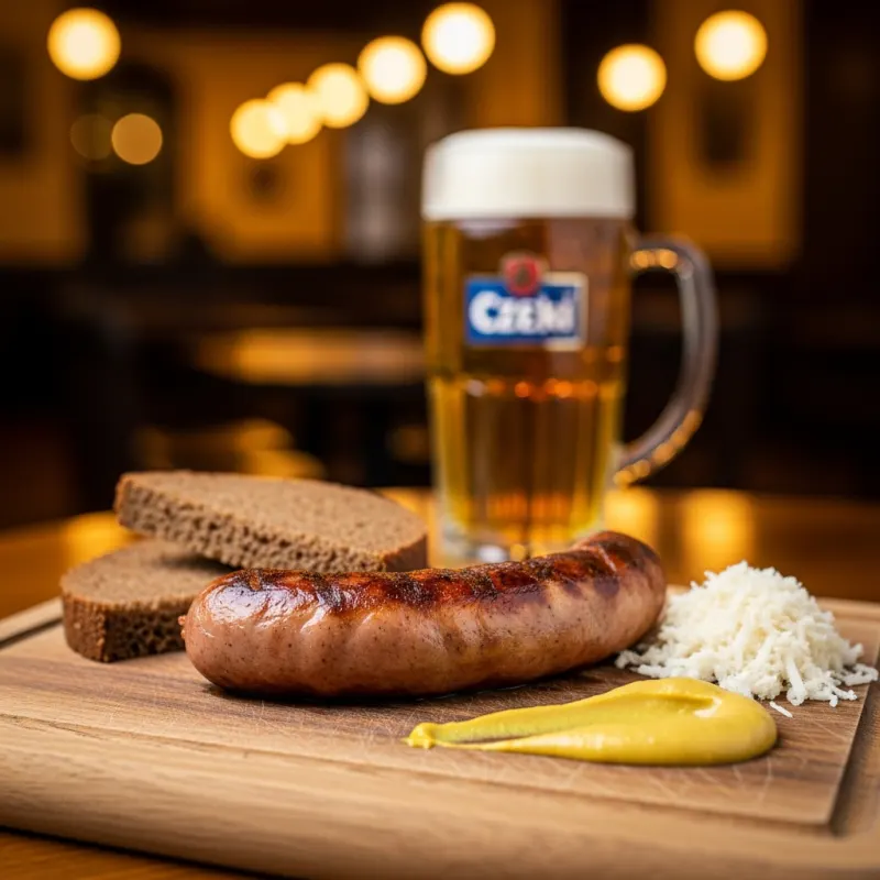 Grilled Ostravská klobása sausage with mustard and bread