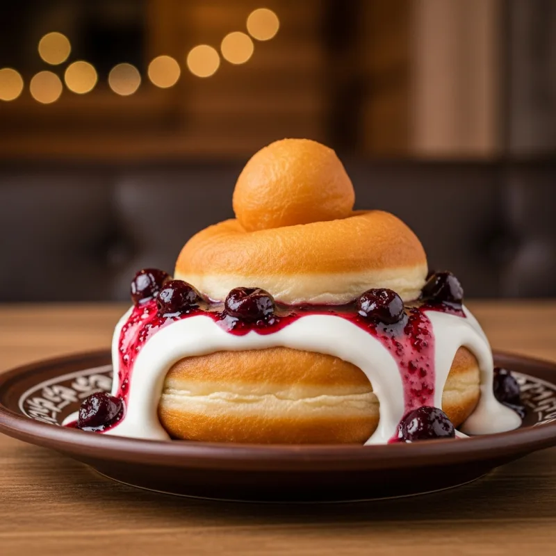 Traditional Romanian Papanași dessert with sour cream and cherry jam