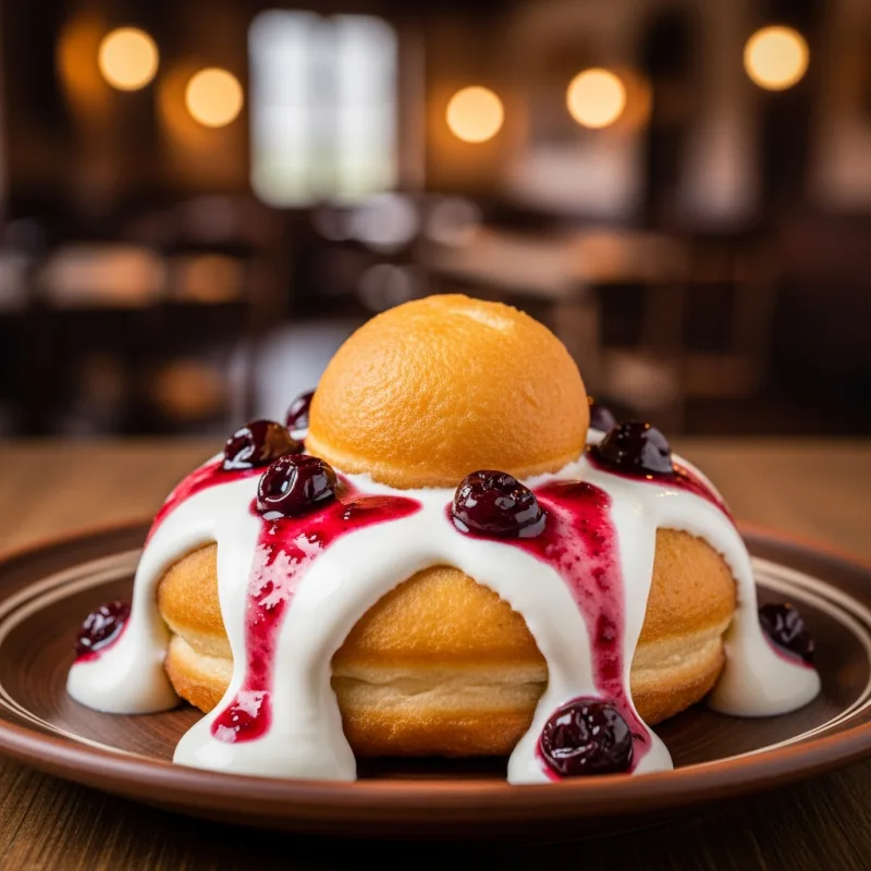 Traditional Romanian Papanasi dessert with sour cream and cherry jam