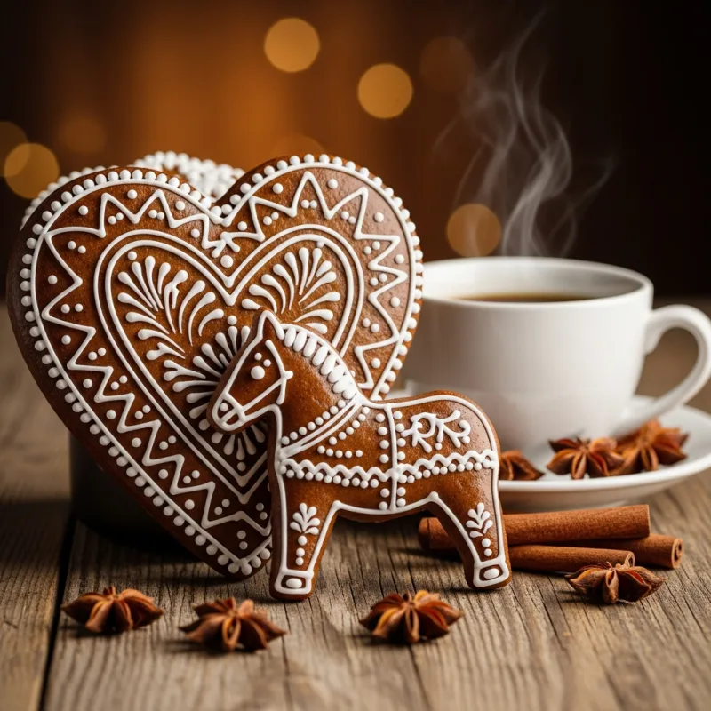 Decorated Pardubice gingerbread on a wooden table with spices